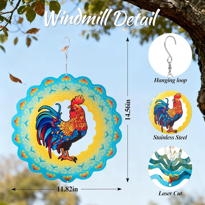 SUNCKET Stainless Steel 3D Chicken Wind Spinner Garden Yard Patio Porch Decor, Birthday Gifts for Women Mom Grandma, 12 Inch Hanging Rooster Wind Spinners Outdoor Chicken Coop Decoration - Image 3